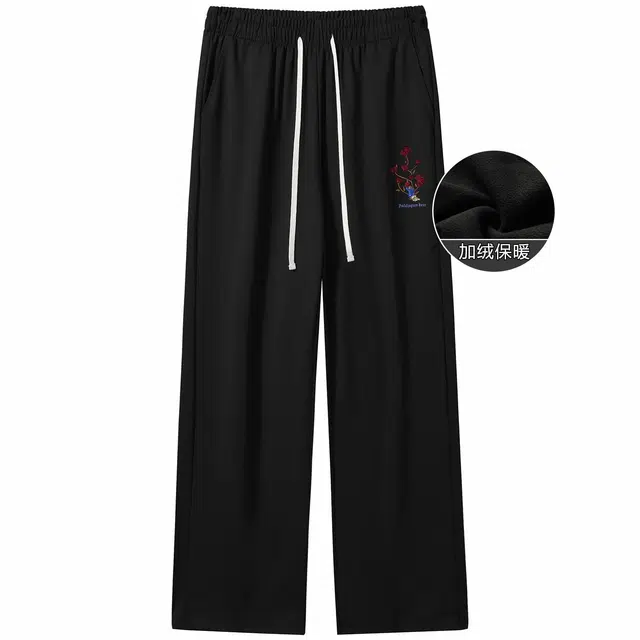 帕丁顿熊 卡通小熊绅士玫瑰花高端刺绣加绒加厚直筒休闲裤 男女同款 黑色