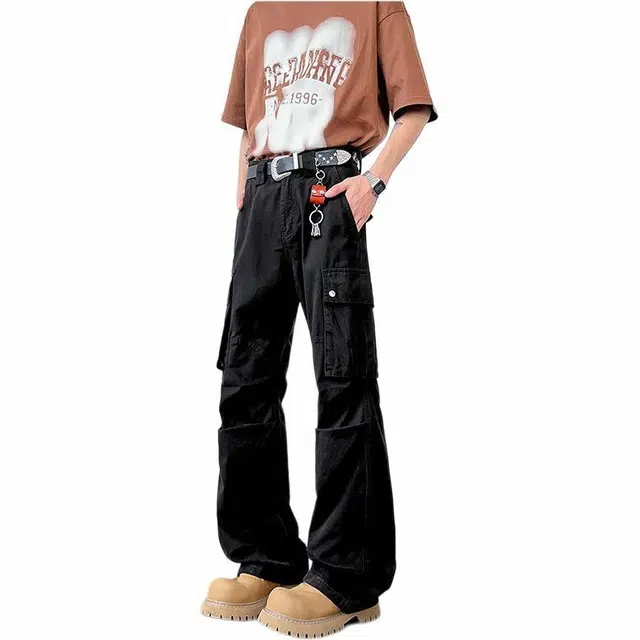 沃马 美式高街拼接通勤垂感牛仔大口袋阔腿拖地纯色工装裤 男女同款