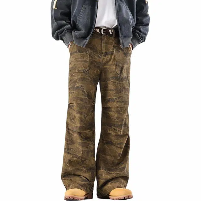 宝米卡 美式复古褶皱废土风直筒显瘦阔腿休闲工装裤 男女同款 迷彩