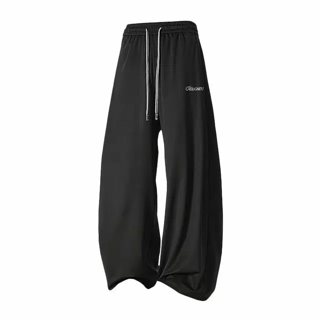 周同学 简约创意字母印花美式高街抽绳系带百搭宽松垂感阔腿直筒时尚舒适慵懒风冰丝凉感弯刀休闲裤 男女同款