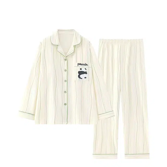 俏韵 翻领熊猫可外穿长袖长裤睡衣套装 女款 杏色