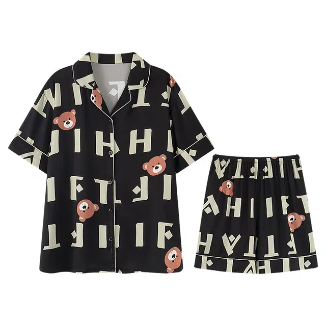 向薇 甜美舒适翻领短袖上衣可外穿家居服三分裤睡衣套装 女款 图片色