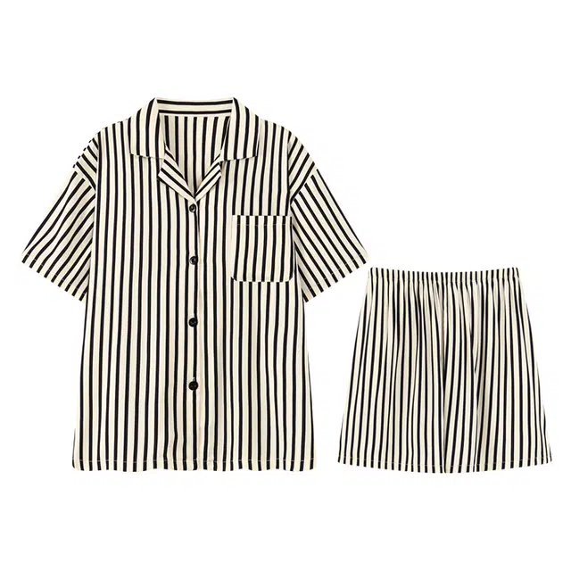 向薇 翻领开衫短袖条纹家居服可外穿睡衣套装 女款 图片色