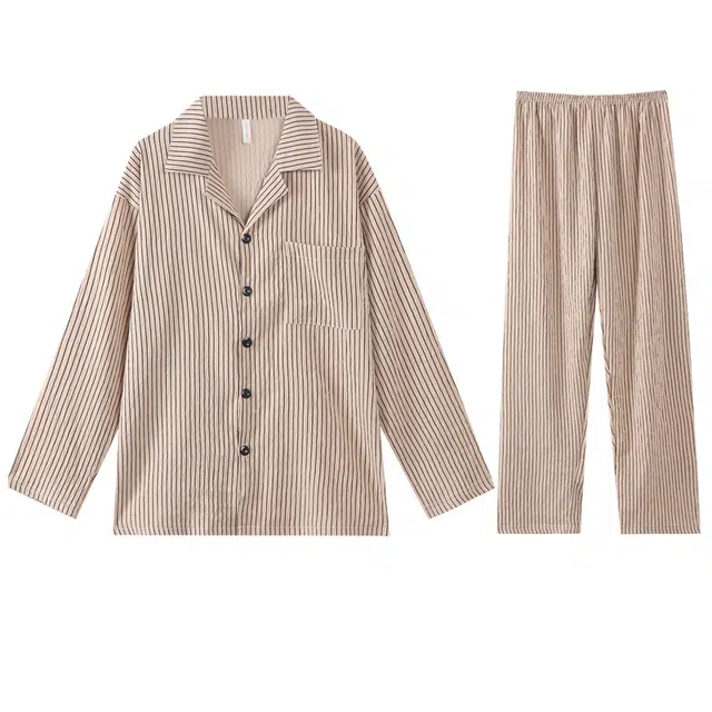 向薇 条纹翻领长袖上衣可外穿家居服长裤睡衣套装 男款 图片色