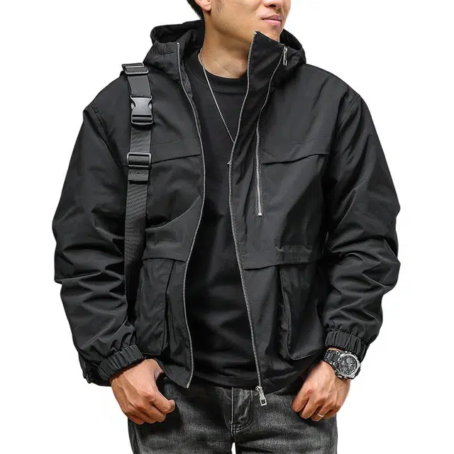 季言 薄款棉衣连帽防风保暖工装潮牌痞帅炸街高级感棉服 男款 黑色