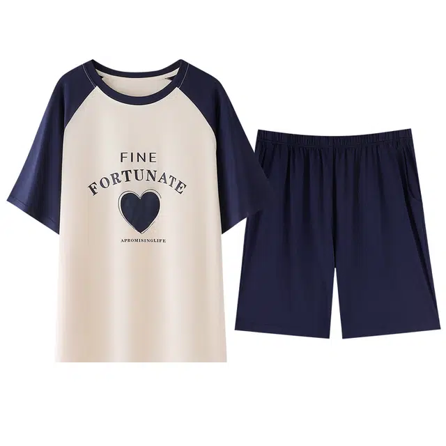 欧诗帛 带胸垫圆领短袖薄款三分裤家居服可外穿睡衣套装 女款 图片色