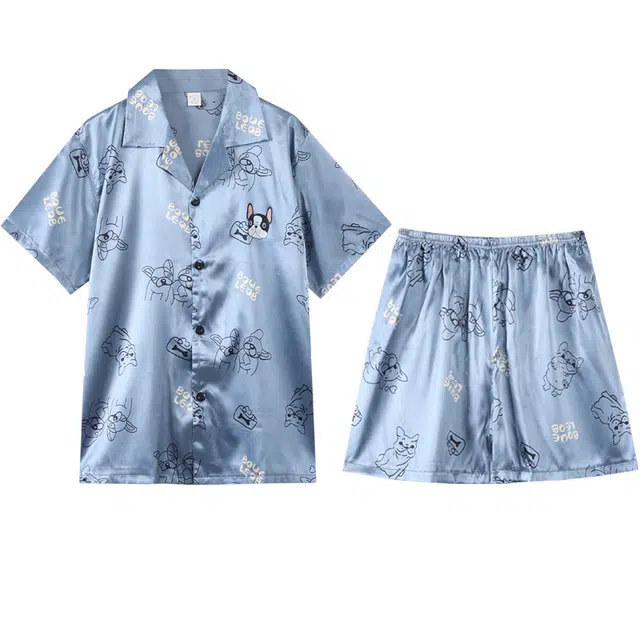 向薇 翻领凉感卡通短袖上衣可外穿家居服五分裤睡衣套装 男款 图片色