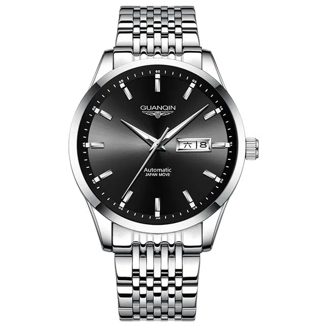 冠琴 简约潮流时尚通勤百搭男士休闲商务 自动机械机芯 精钢表带 国表 男表 黑色表盘 双日历