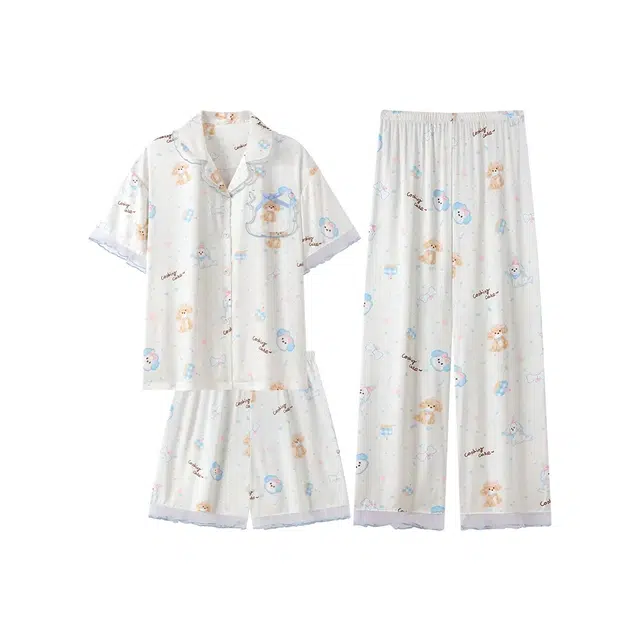 俏韵 卡通甜美短袖上衣休闲亲肤短裤家居服长裤睡衣套装 女款 杏色