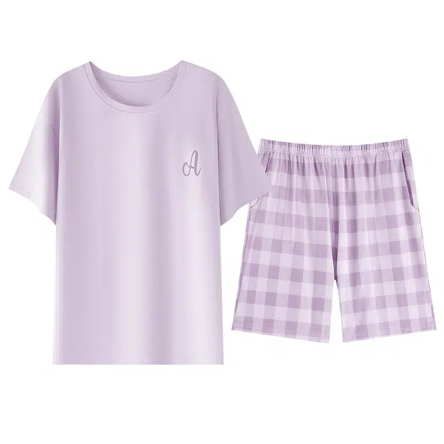 欧诗帛 带胸垫薄款圆领套头短袖格子三分裤家居服可外穿睡衣套装 女款 图片色