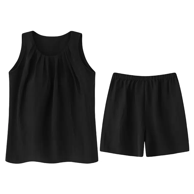 棉购 纯色圆领套头无袖带胸垫舒适透气睡衣套装 女款 黑色