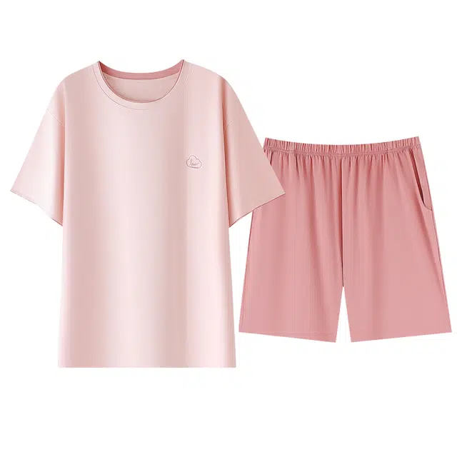 欧诗帛 带胸垫圆领短袖三分裤薄款可外穿家居服睡衣套装 女款 图片色