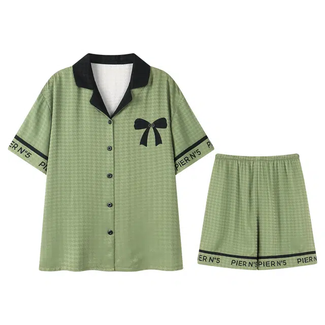 向薇 翻领开衫可外穿可爱短袖三分裤睡衣套装 女款 图片色