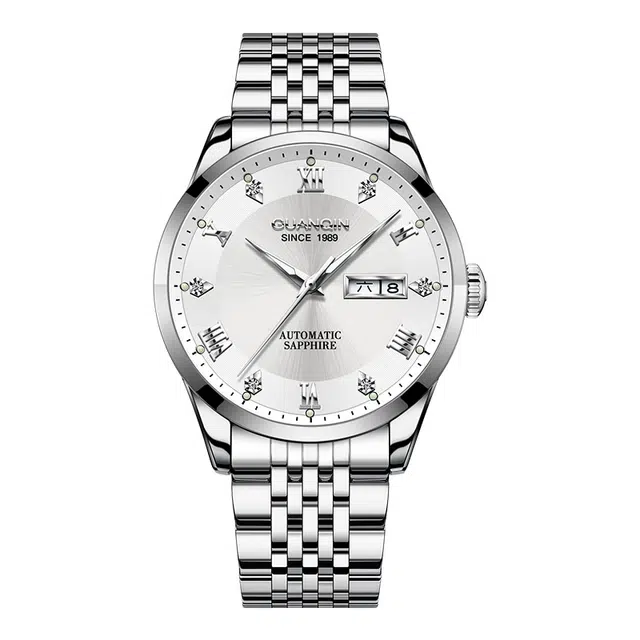 冠琴 男士手表商务高颜值双日历夜光防水 自动机械机芯 不锈钢表带 国表 男表 灰色表盘