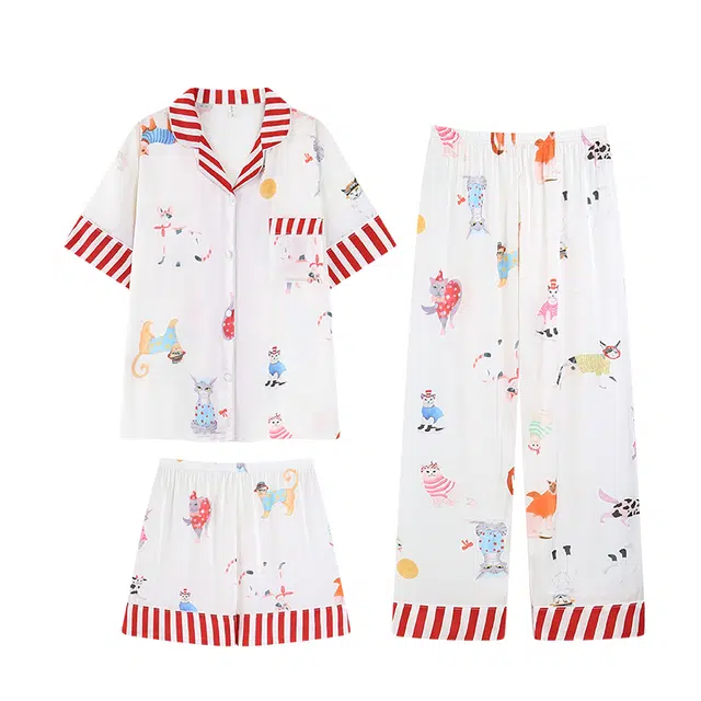 俏韵 翻领卡通短袖上衣甜美凉感短裤家居服可外穿长裤睡衣套装 女款 图片色