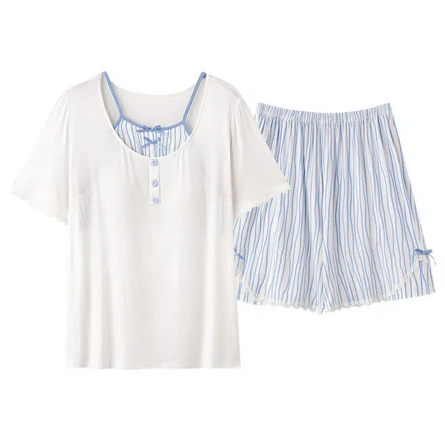 莫代尔 简洁休闲轻盈舒适圆领可外穿轻柔亲肤透气细腻带胸垫防凸点短袖三分裤睡衣套装 女款 蓝色