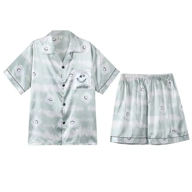 向薇 休闲凉感翻领短袖上衣可外穿家居服五分裤睡衣套装 男款 图片色