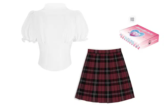 九条喵 泡泡袖收腰短款徽章短袖衬衫格裙短裙百褶裙套装制服 女款