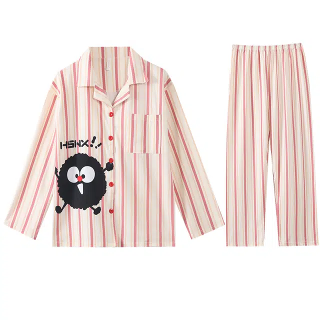 向薇 带胸垫长袖长裤可外穿条纹休闲家居睡衣套装 女款 图片色