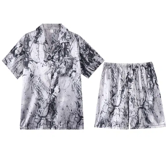 向薇 亲肤翻领开衫休闲凉感可外穿短袖五分裤睡衣套装 男款 图片色