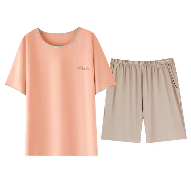欧诗帛 带胸垫圆领短袖薄款可外穿家居服睡衣套装 女款 图片色