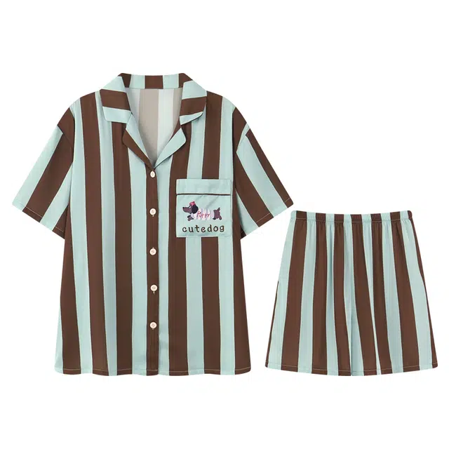 向薇 条纹翻领短袖开衫凉感甜美可爱家居服睡衣套装 女款 图片色