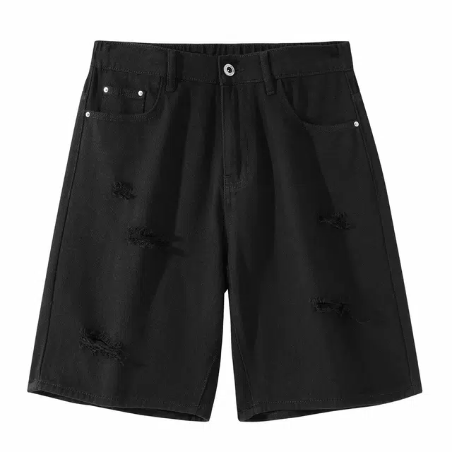 贵人鸟 纯色多口袋休闲百搭拉链破洞中腰直筒牛仔短裤 男女同款