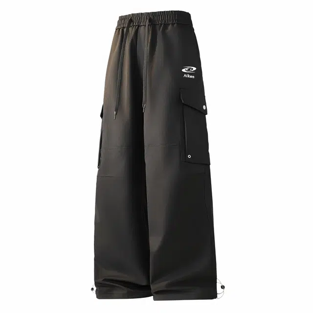 爱肯 美式复古高街字母印花宽松系带户外运动工装侧边大口袋垂感中腰直筒拖地可调节休闲裤 男女同款