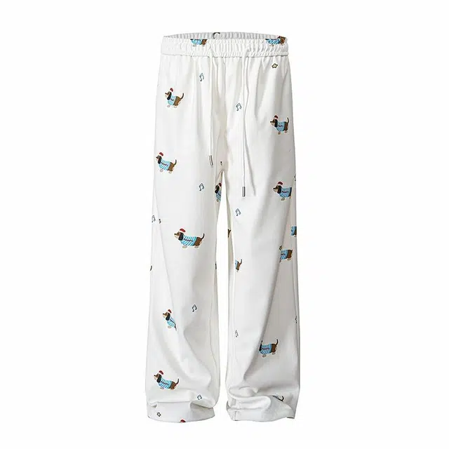 行更远 慵懒风美式复古潮牌趣味腊肠狗印花阔腿宽松垂感拖地休闲裤 男女同款
