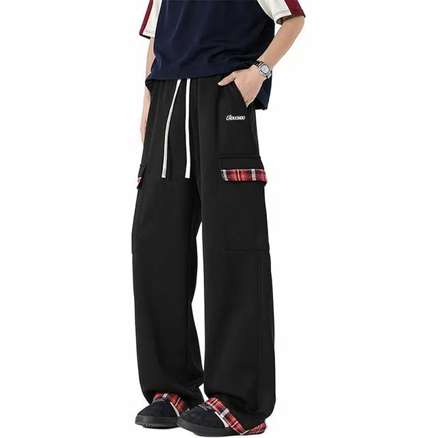 周同学 周杰伦美式高街基础款纯色基础设计款格子字母印花简约宽松阔腿直筒百搭垂感拖地简约运动休闲裤 男女同款