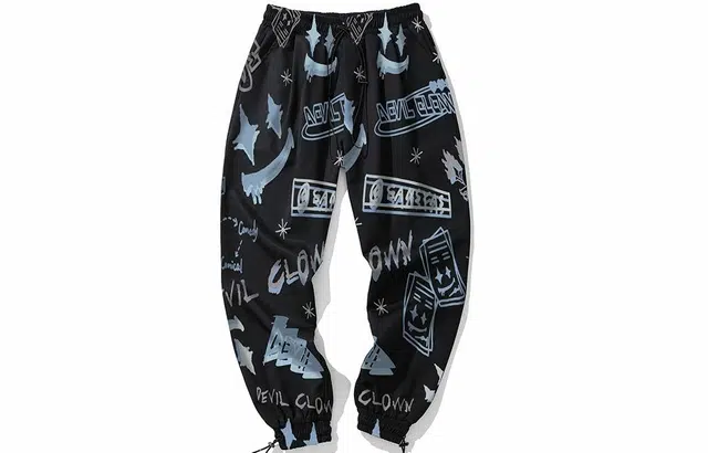 木村三社 满印笑脸涂鸦字母印花宽松系带束脚休闲裤 男女同款 黑色