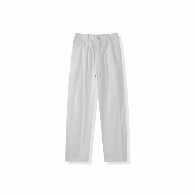 我是大卫 日系原宿风双褶皱抽绳阔腿复古港风秀禾服休闲裤 男女同款 米白色