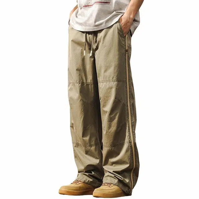 杰雷诺 美式高街潮牌宽松撞色直筒阔腿裤休闲裤 男款 杏色