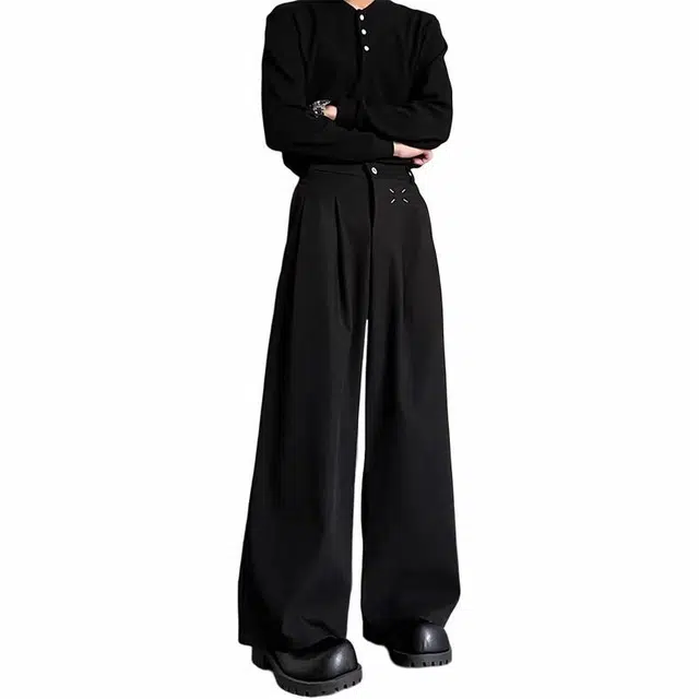 黑马漫画 高级感时尚简约褶皱阔腿休闲裤 男女同款 黑色