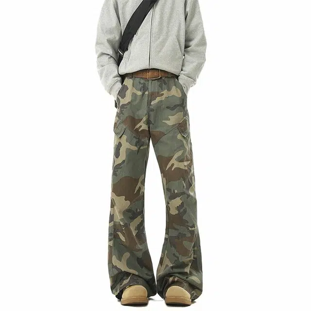 佐菲利 美式复古潮牌修身微喇百搭休闲裤 男女同款 迷彩