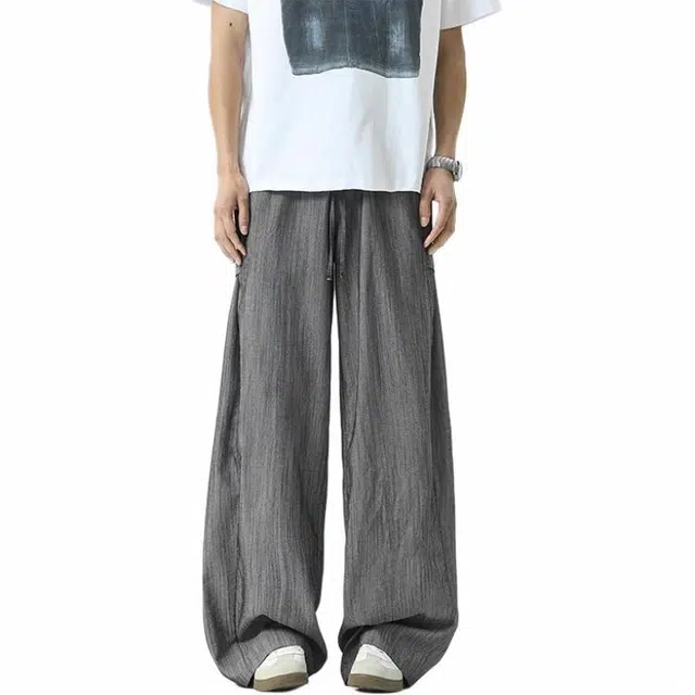 颂希尔 美式复古褶皱潮牌痞帅薄款宽松阔腿休闲裤 男女同款