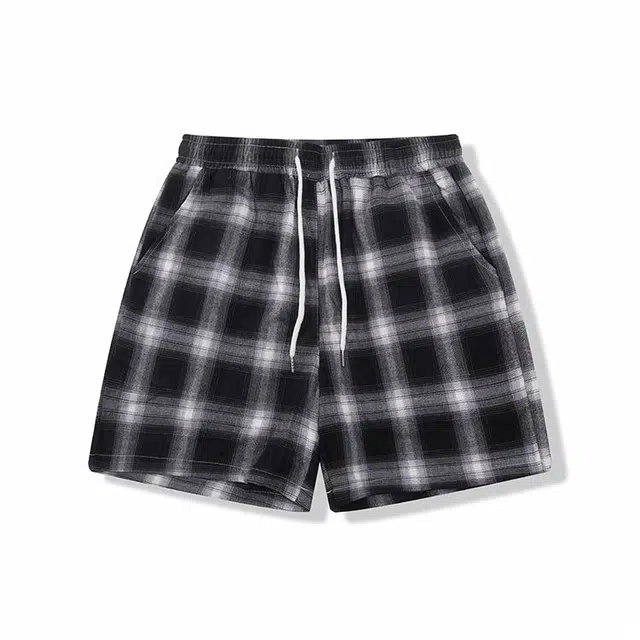 我是大卫 日系原宿风格子五分裤简约百搭宽松休闲短裤 男款 黑色