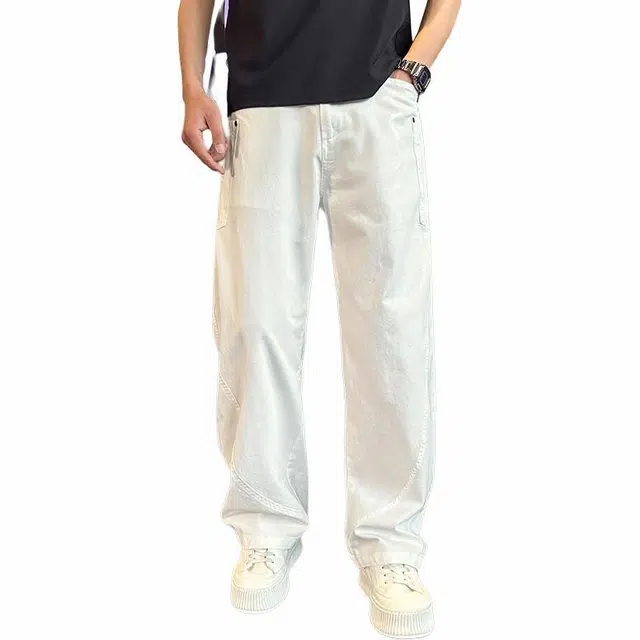 沃马 美式高街拼接弯刀宽松高级感纯色基础款流行简约休闲裤 男女同款