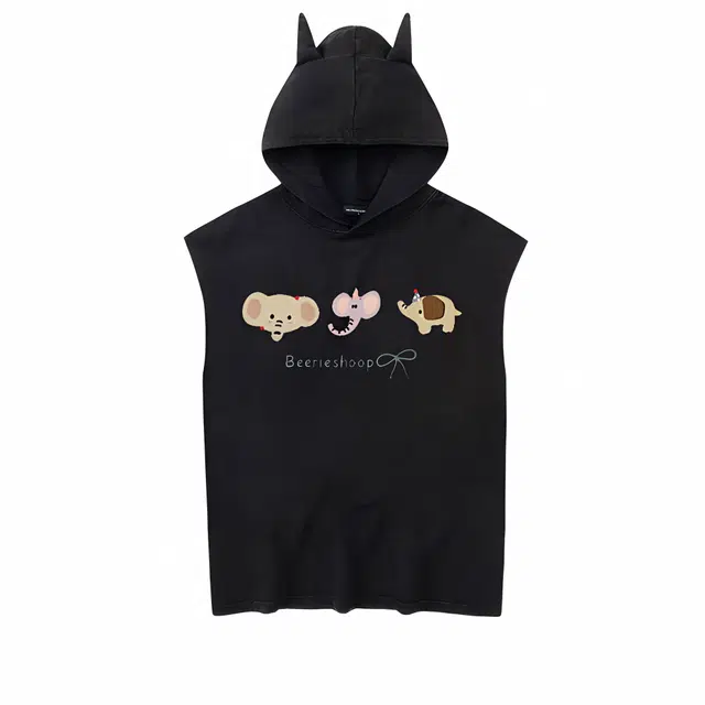 费尔岛上的猫 美式复古卡通动物印花连帽做旧坎肩运动时尚舒适百搭无袖背心 男款