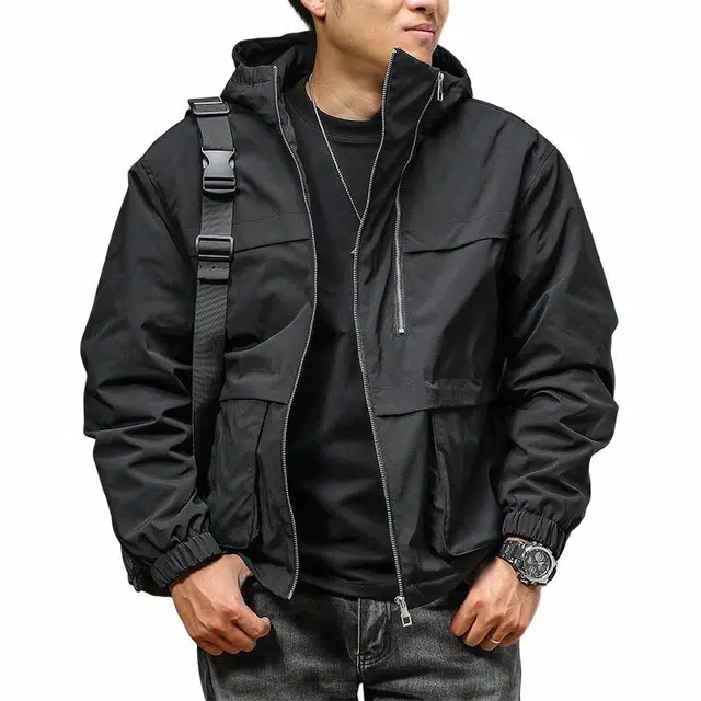 季言 薄款棉衣连帽防风保暖工装潮牌痞帅炸街高级感棉服 男款 黑色