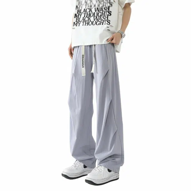 敦煌博物馆 美式基础款抽绳系带纯色褶皱设计感冰丝薄款垂感拖地宽松直筒大码户外运动休闲裤 男女同款