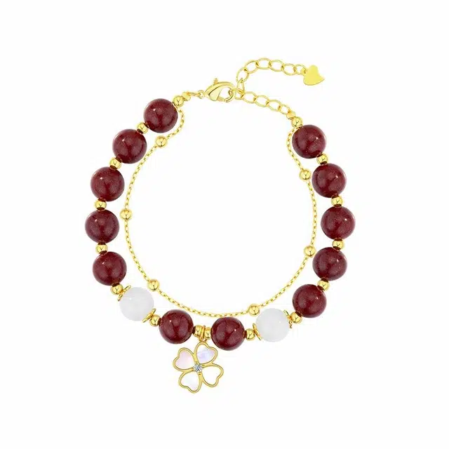 【诸事顺利】 法思梵 新中式幸运守护四叶草优雅气质平安如意首饰 轻奢小众国潮风清冷感时尚设计百搭简约显白手饰天然 朱砂 手链 女款