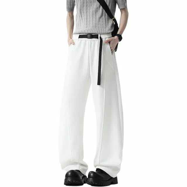 颂希尔 华夫格垂坠感直筒弯刀设计感休闲裤 男女同款