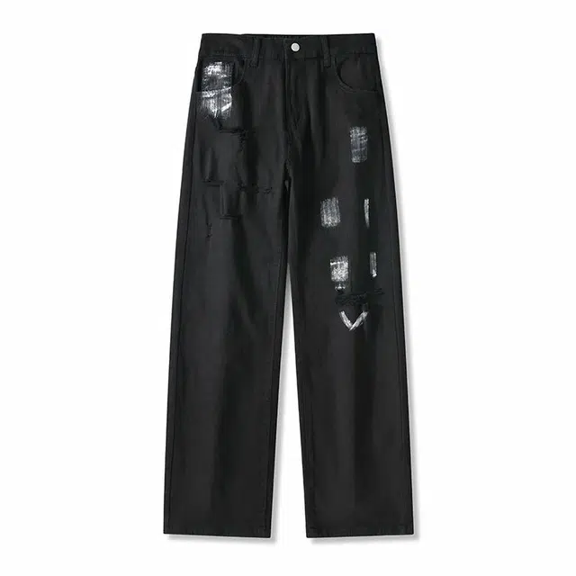 金盾 高街暗黑破洞喷墨弹力直筒牛仔裤 通用