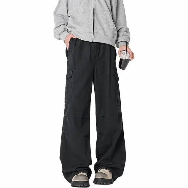 中国航天 山系户外美式高街褶皱简约舒适纯色基础宽松多口袋直筒垂感潮流运动百搭休闲裤 男女同款