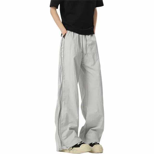 哲源 美式复古高街机能纯色简约时尚侧边网眼设计感直筒裤子透气凉感日常通勤拼接宽松百搭薄款拖地休闲裤 男女同款