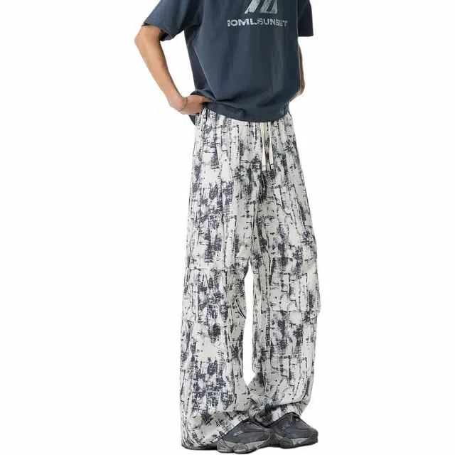 哲源 美式复古扎染褶皱直筒垂感休闲裤 男女同款