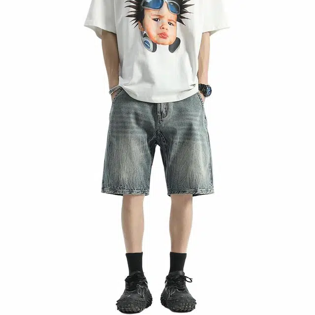 【dme】 纯色褶皱刮烂做旧中腰拉链宽松五分牛仔短裤 男款 复古色