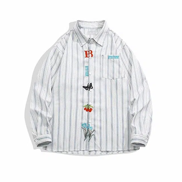 物质公式 美式高街复古多彩格纹刺绣撞色单排扣宽松百搭趣味图案花卉植物日系简约翻领学院风日常通勤翻领凉感慵懒风衬衫 男女同款 白色