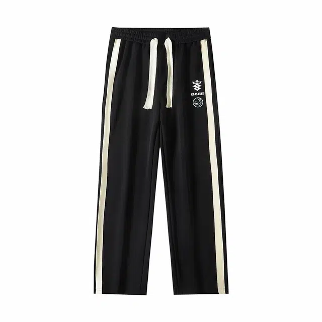 八哥 美式街头复古经典三条杠薄款系带宽松直筒垂感百搭侧边条纹时尚九分休闲裤 男女同款